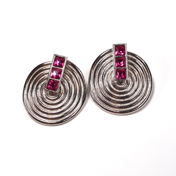 YSL Yves Saint Laurent Silver Spiral and Pink Rhinestone Earrings - Picture 3 of 3
